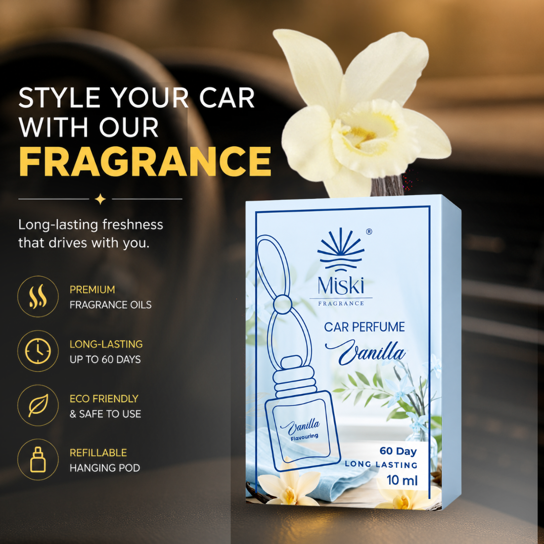 Miski Fragrance Premium Car Perfume Hanging Pod | 10ML | Vanilla Fragrance Car Air Freshner | Imported Quality Fragrance | Last Upto 60 Days
