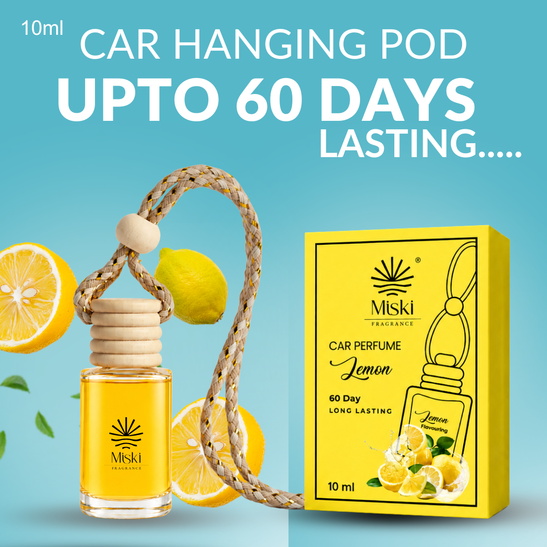 Miski Fragrance Premium Car Perfume Hanging Pod | 10ML | Lemon Fragrance Car Air Freshner | Imported Quality Fragrance | Last Upto 60 Days