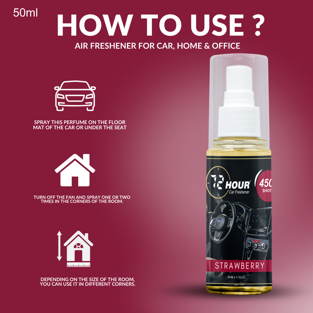 72hour Strawberry Car Perfume 50ml – Long Lasting Premium Fragrance – Multipurpose Air Freshener for Car, Home & Office – Miski Fragrance