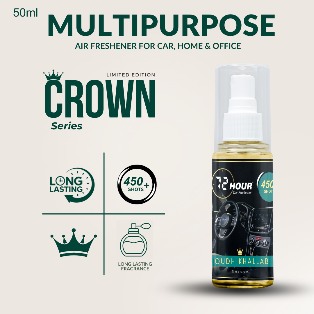72hour Oudh Khallab Crown Series Car Perfume 50ml – Long Lasting Premium Fragrance – Multipurpose Air Freshener for Car, Home & Office – Miski Fragrance