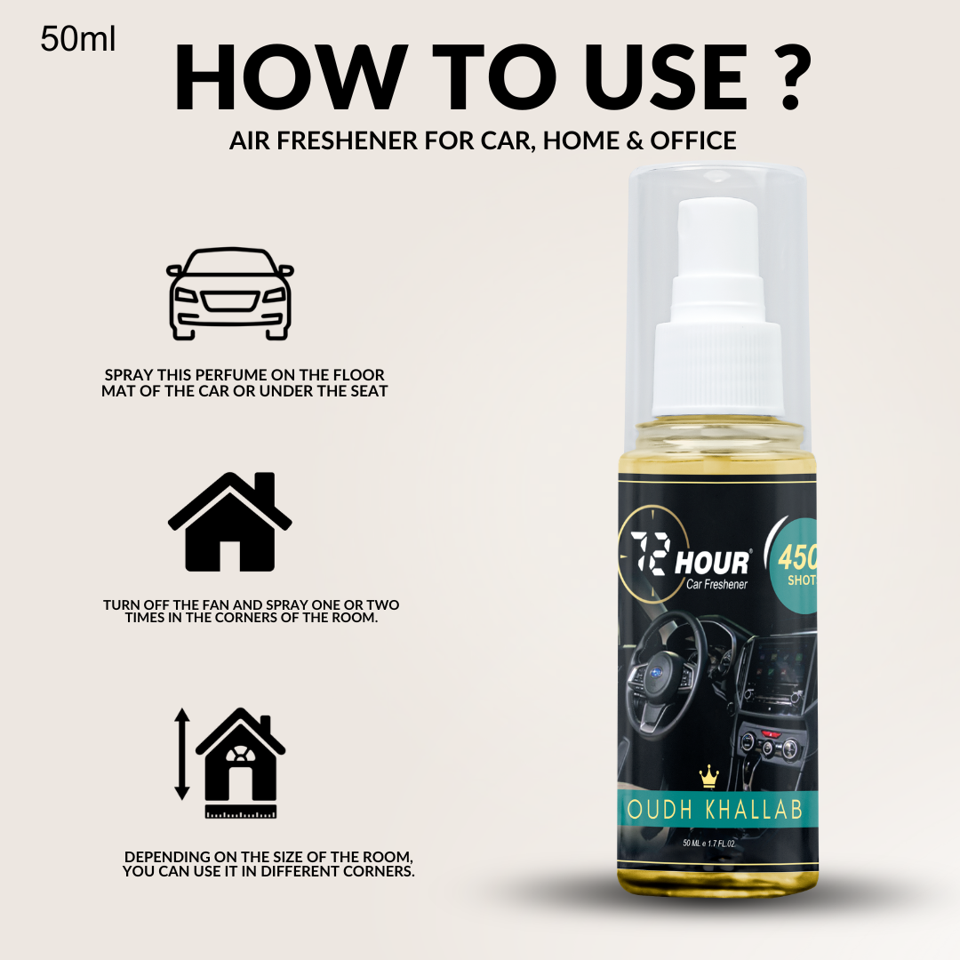 72hour Oudh Khallab Crown Series Car Perfume 50ml – Long Lasting Premium Fragrance – Multipurpose Air Freshener for Car, Home & Office – Miski Fragrance