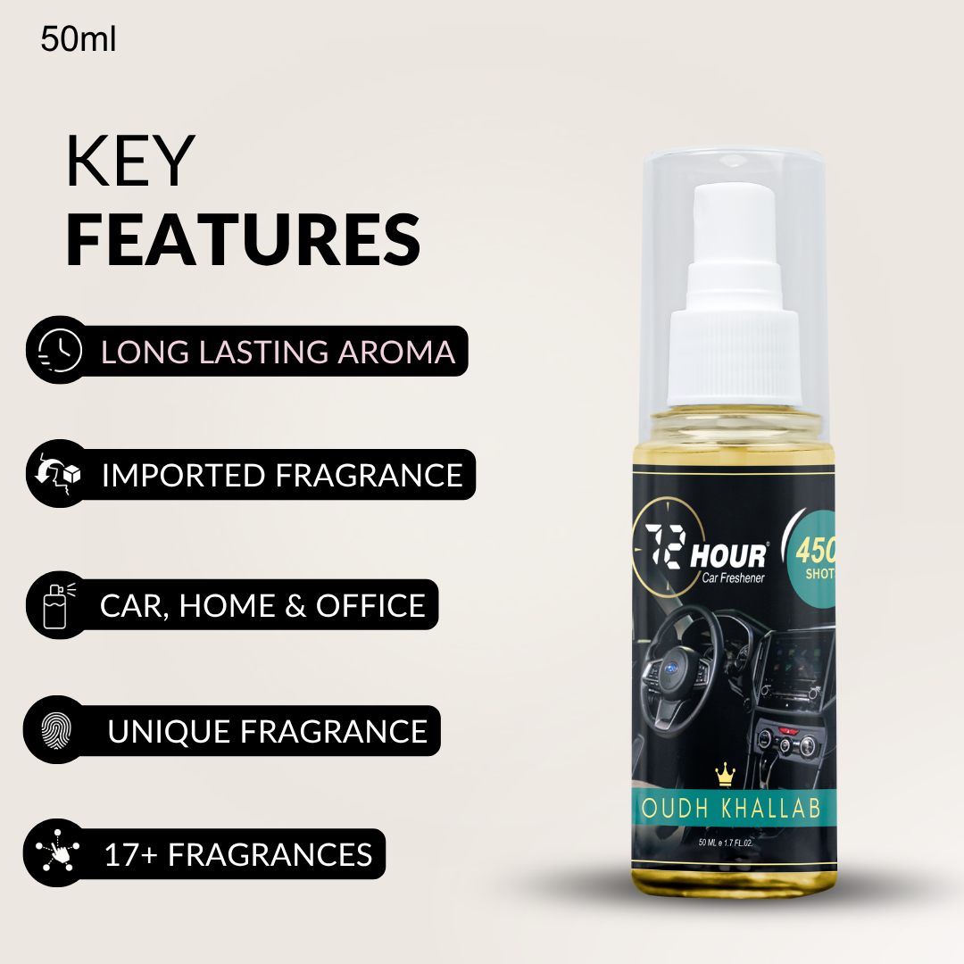 72hour Oudh Khallab Crown Series Car Perfume 50ml – Long Lasting Premium Fragrance – Multipurpose Air Freshener for Car, Home & Office – Miski Fragrance