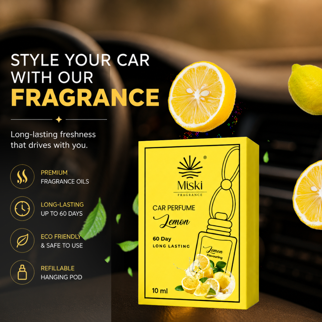 Miski Fragrance Premium Car Perfume Hanging Pod | 10ML | Lemon Fragrance Car Air Freshner | Imported Quality Fragrance | Last Upto 60 Days
