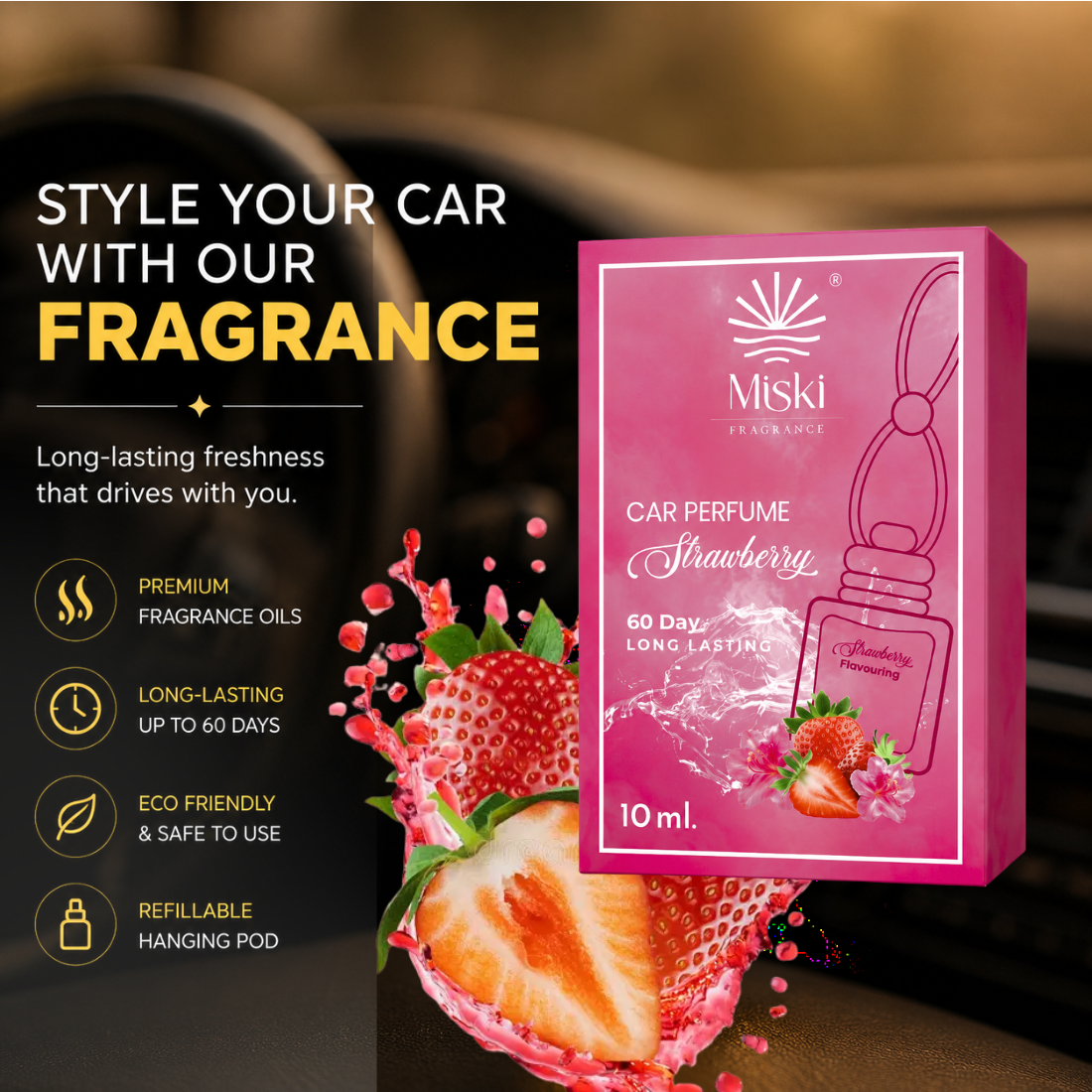 Miski Fragrance Premium Car Perfume Hanging Pod | 10ML | Strawberry Fragrance Car Air Freshner | Imported Quality Fragrance | Last Upto 60 Days